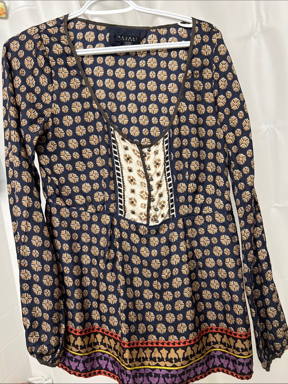 Nougat London Navy and Tan Floral-Print Peasant 100% silk Blouse